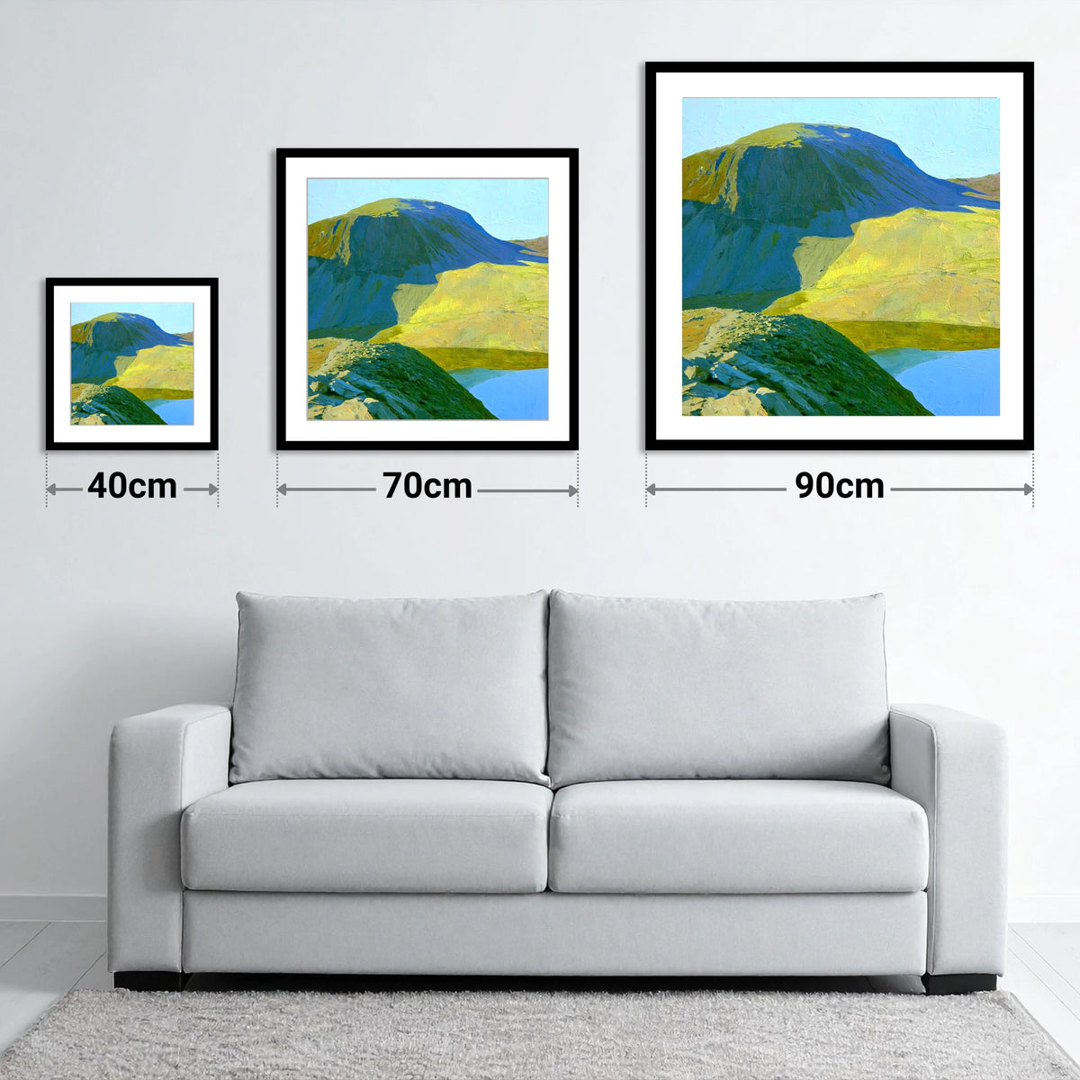 Vibrant Green Gable and Tarn - size guide showing 40cm, 70cm and 90cm art prints