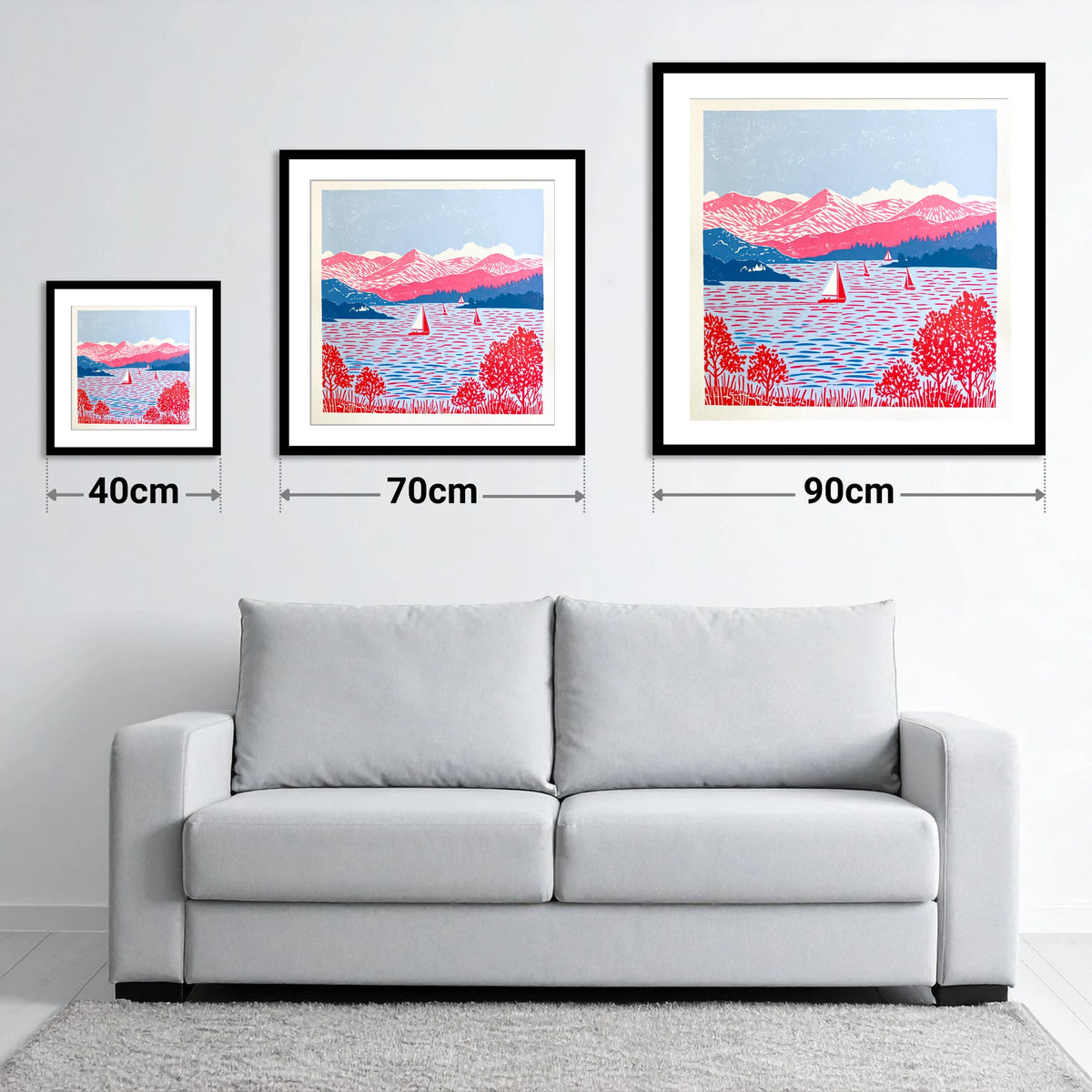 Pink Fells Over Coniston Water - size guide showing 40cm, 70cm and 90cm art prints