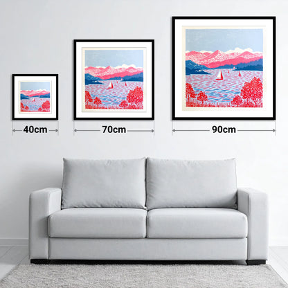 Pink Fells Over Coniston Water - size guide showing 40cm, 70cm and 90cm art prints