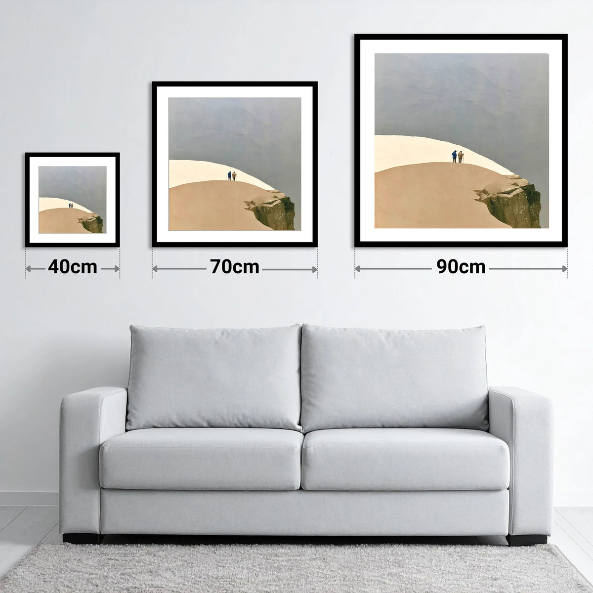 High Fell Walkers on a Snowy Ridge - size guide showing 40cm, 70cm and 90cm art prints