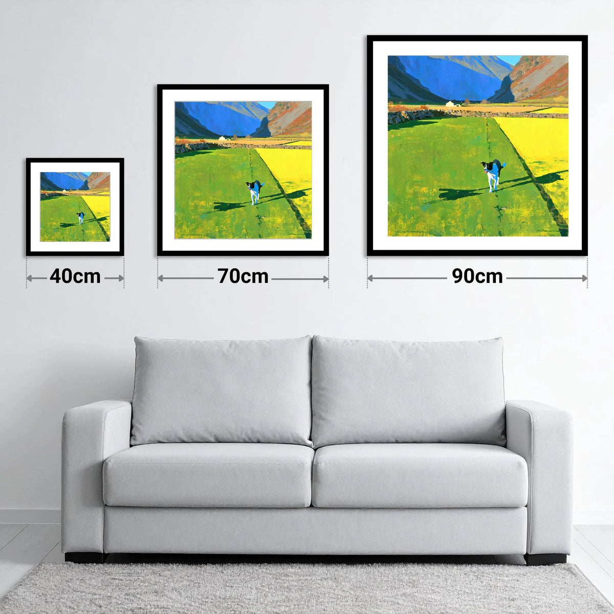 Sunlit Wasdale Valley Dog Walk - size guide showing 40cm, 70cm and 90cm art prints