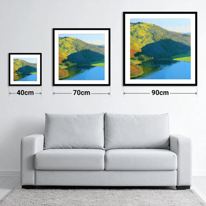Vibrant Sunlight on Gowbarrow Fell - size guide showing 40cm, 70cm and 90cm art prints