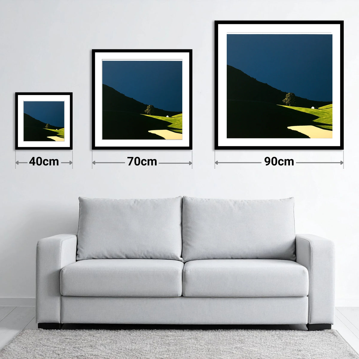Sunlit Tree and Shadowed Fell - size guide showing 40cm, 70cm and 90cm art prints