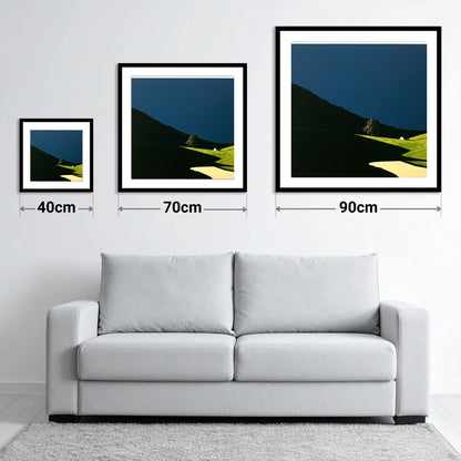 Sunlit Tree and Shadowed Fell - size guide showing 40cm, 70cm and 90cm art prints