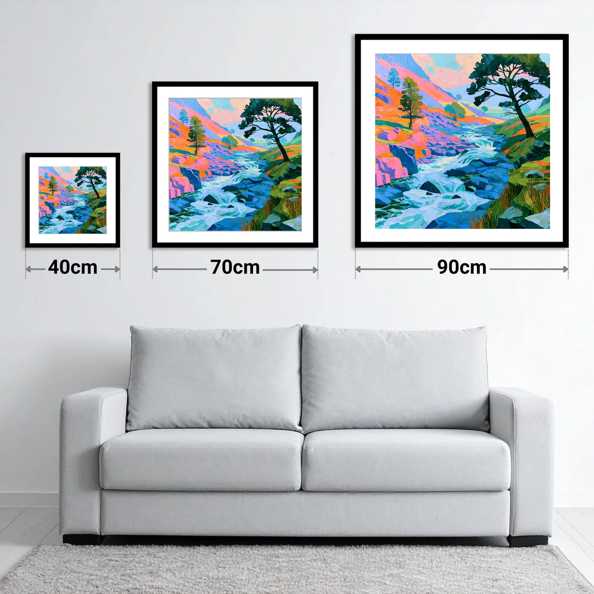 Colourful Rushing Fellside Beck - size guide showing 40cm, 70cm and 90cm art prints