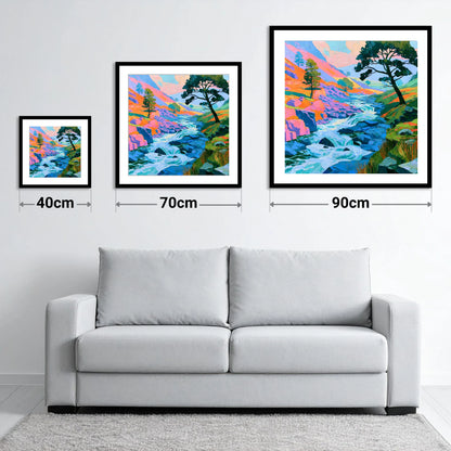 Colourful Rushing Fellside Beck - size guide showing 40cm, 70cm and 90cm art prints