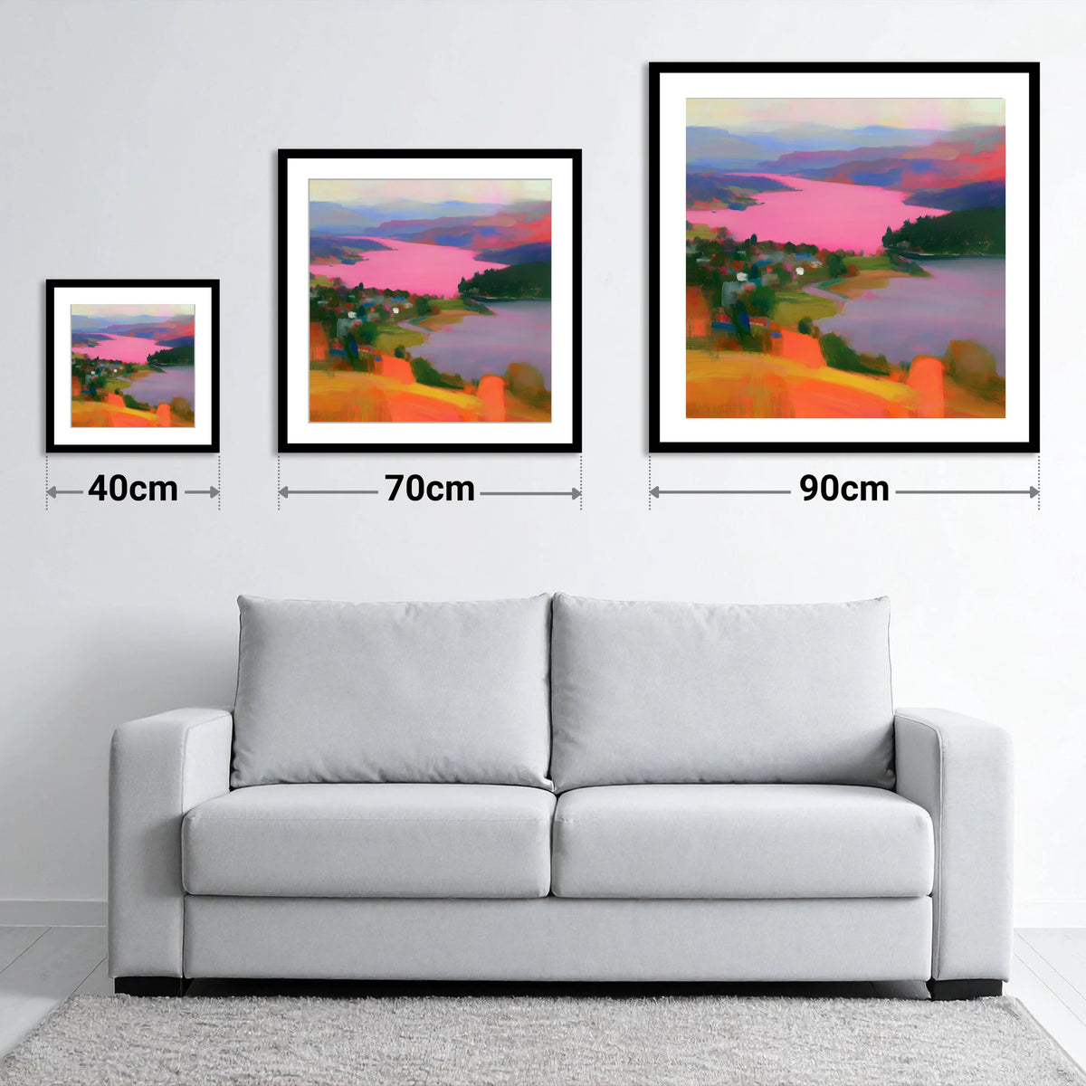 Ambleside Over Pink Waters - size guide showing 40cm, 70cm and 90cm art prints