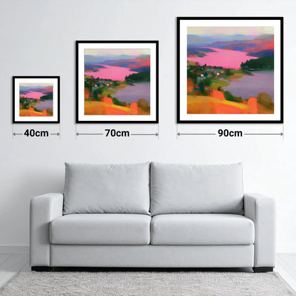 Ambleside Over Pink Waters - size guide showing 40cm, 70cm and 90cm art prints