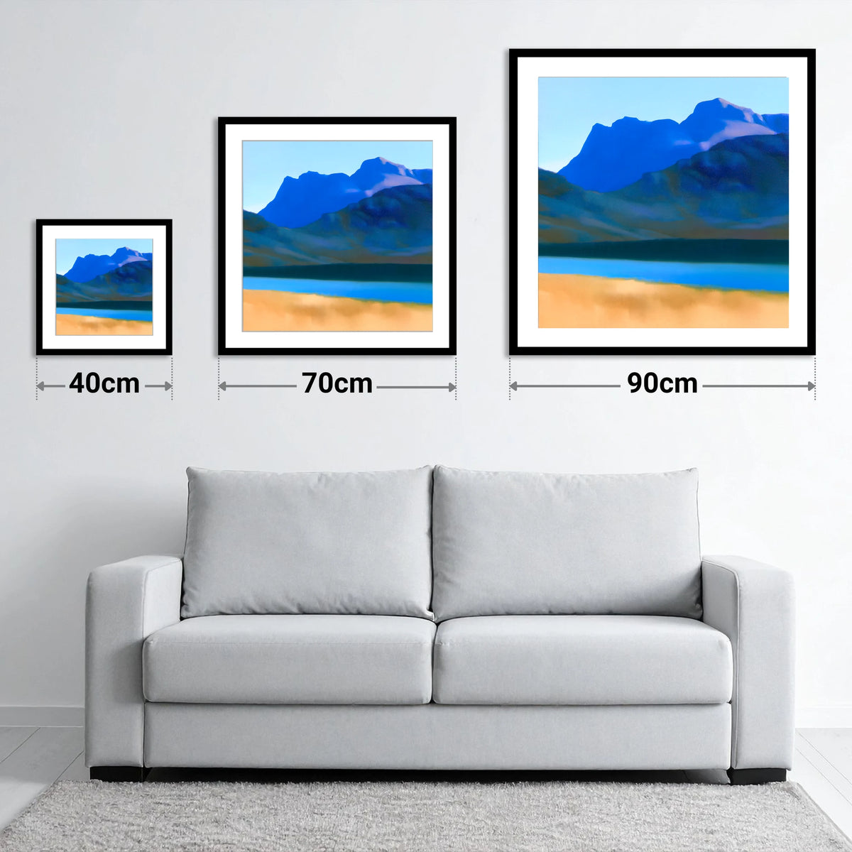 Bold Blue Langdale Pikes - size guide showing 40cm, 70cm and 90cm art prints