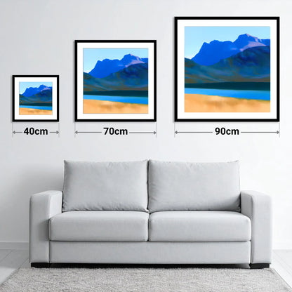Bold Blue Langdale Pikes - size guide showing 40cm, 70cm and 90cm art prints