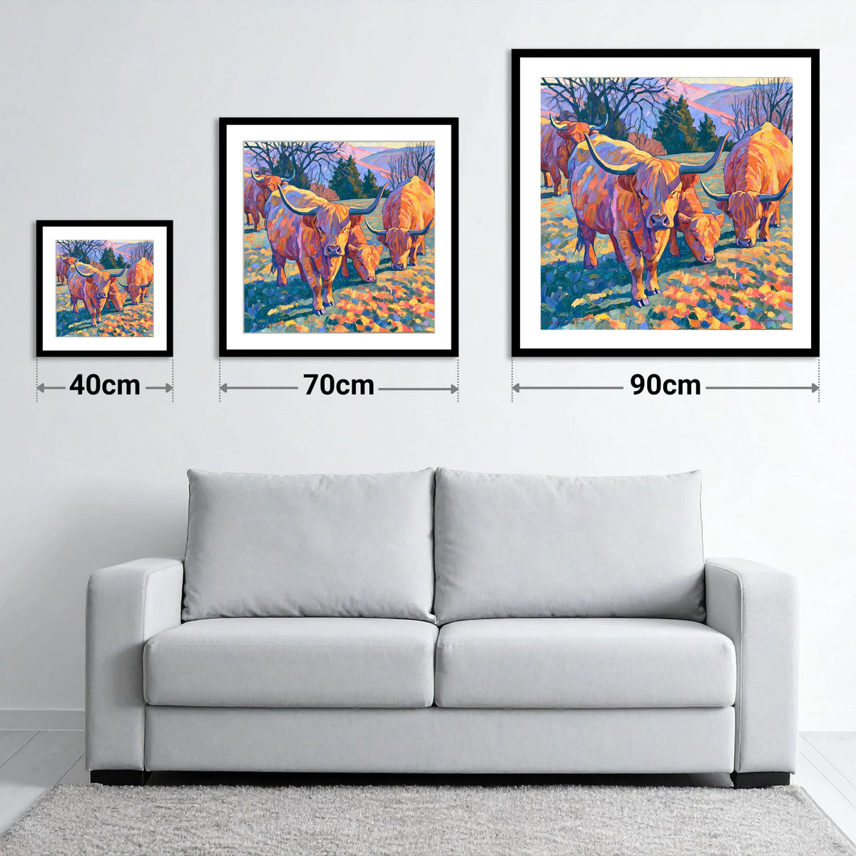 Highland Cattle in Golden Fell Light - size guide showing 40cm, 70cm and 90cm art prints