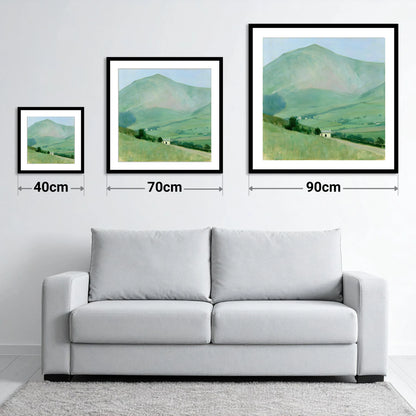 Blencathra Over the White Cottage - size guide showing 40cm, 70cm and 90cm art prints