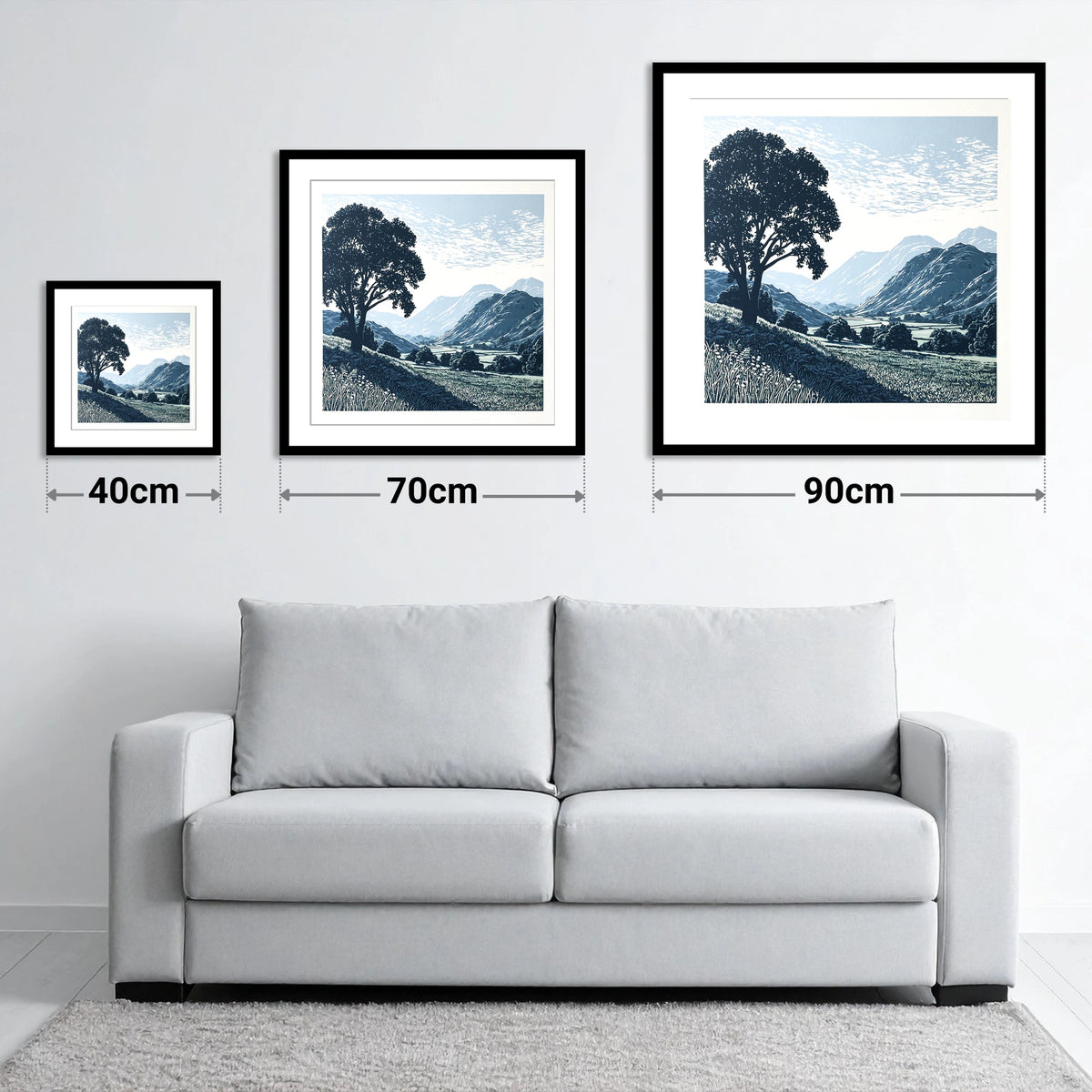 Eskdale Valley in Navy and Slate - size guide showing 40cm, 70cm and 90cm art prints