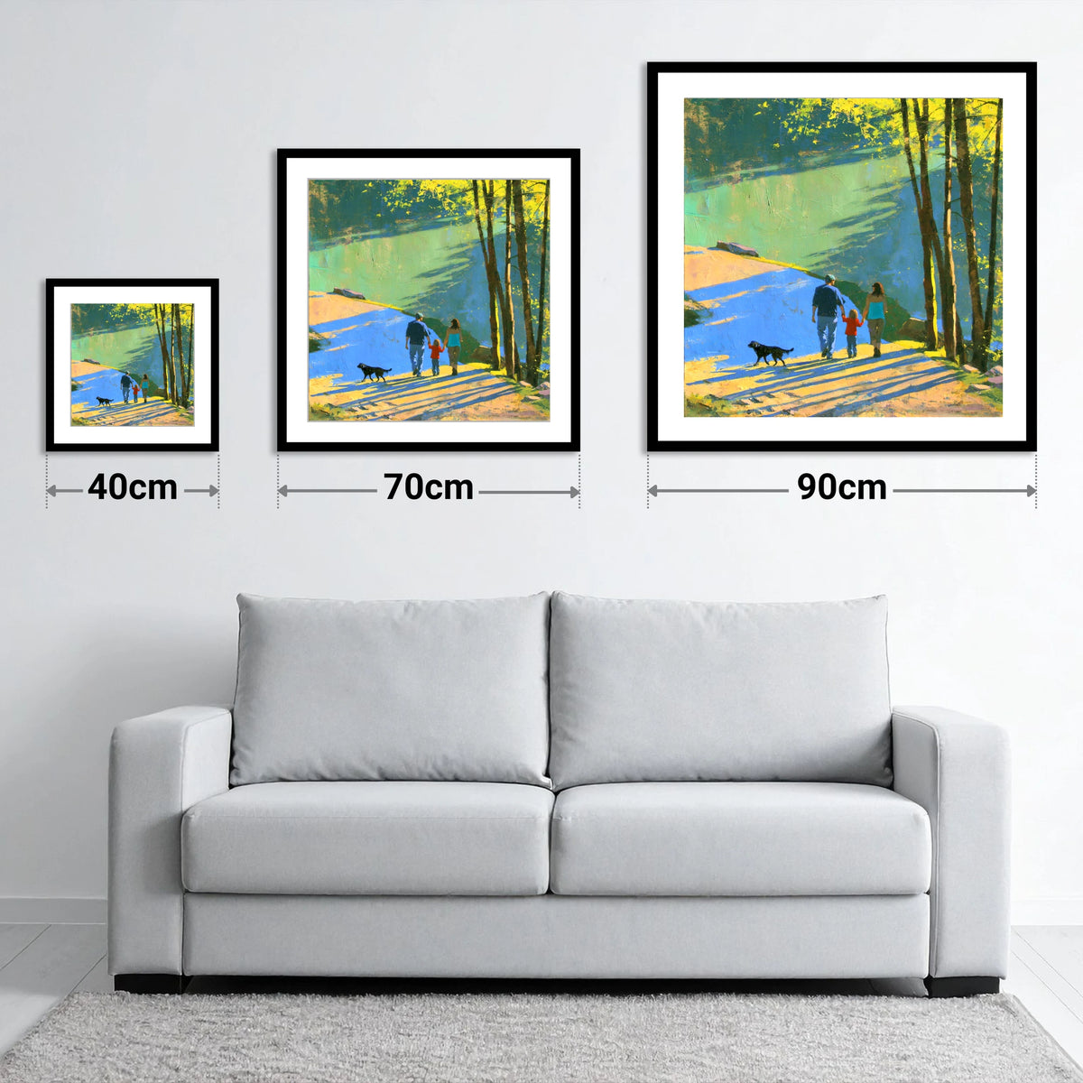 Sunlit Aira Force Dog Walk - size guide showing 40cm, 70cm and 90cm art prints