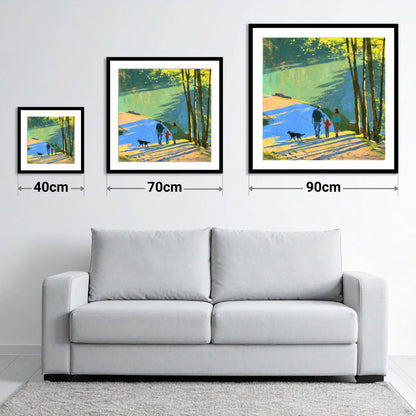 Sunlit Aira Force Dog Walk - size guide showing 40cm, 70cm and 90cm art prints