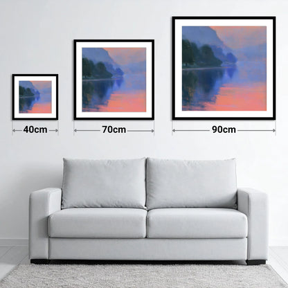 Misty Lake in Peach Light - size guide showing 40cm, 70cm and 90cm art prints