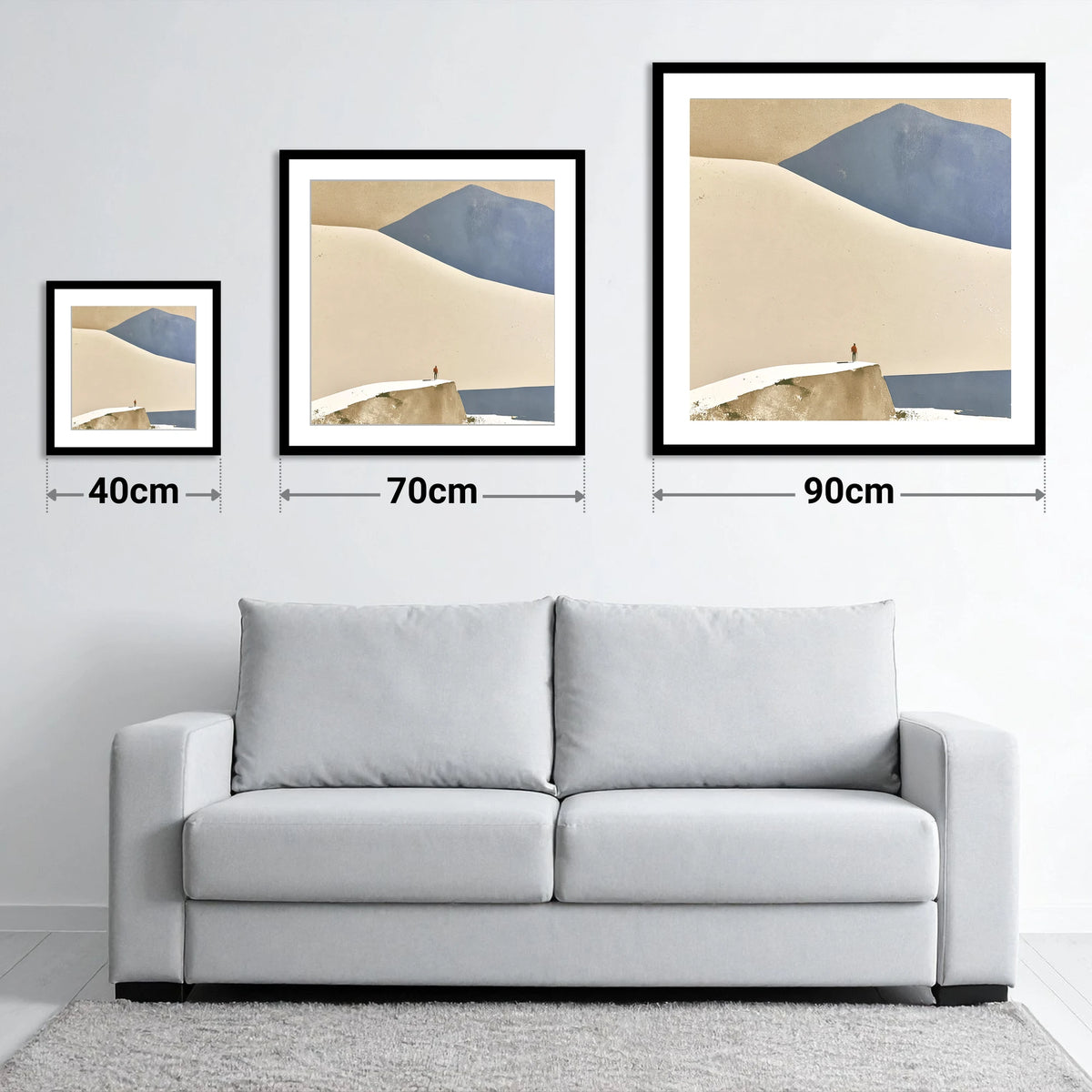 Lone Hiker Against Blue Fells - size guide showing 40cm, 70cm and 90cm art prints