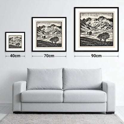 Monochrome Great Langdale Fells - size guide showing 40cm, 70cm and 90cm art prints
