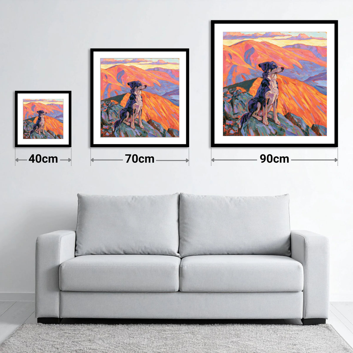 Vibrant Dog on Braithwaite Summit - size guide showing 40cm, 70cm and 90cm art prints