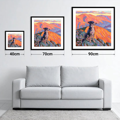 Vibrant Dog on Braithwaite Summit - size guide showing 40cm, 70cm and 90cm art prints
