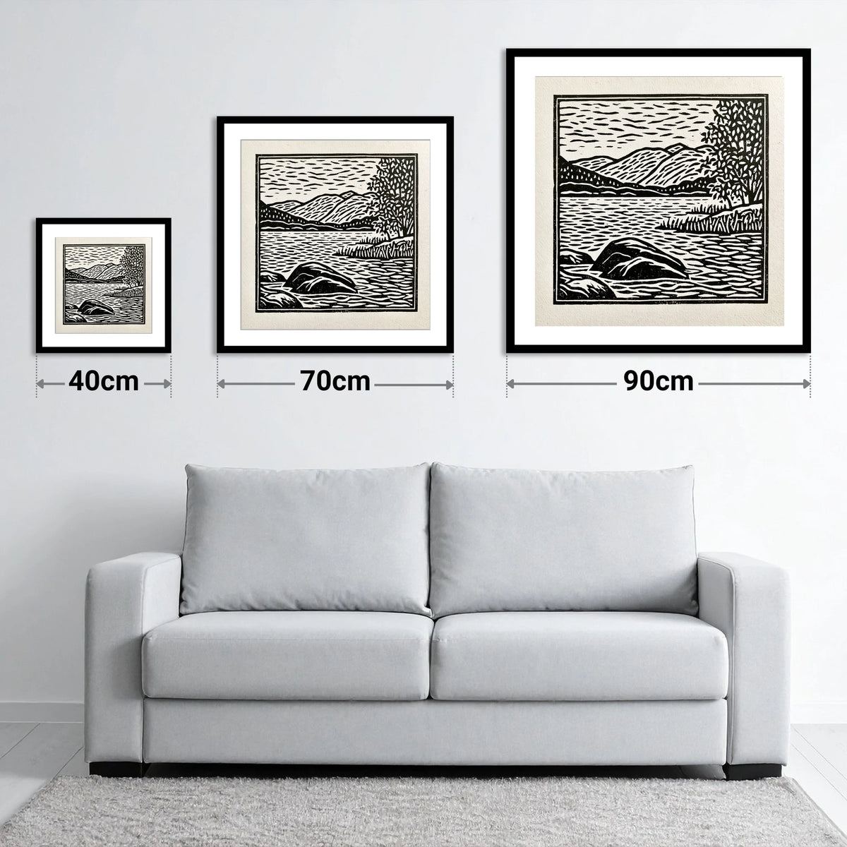 Monochrome Coniston Water Fells - size guide showing 40cm, 70cm and 90cm art prints