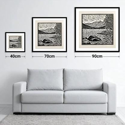 Monochrome Coniston Water Fells - size guide showing 40cm, 70cm and 90cm art prints