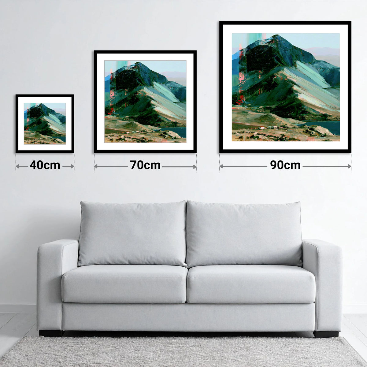 Great Gable in Vivid Teal - size guide showing 40cm, 70cm and 90cm art prints