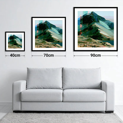 Great Gable in Vivid Teal - size guide showing 40cm, 70cm and 90cm art prints
