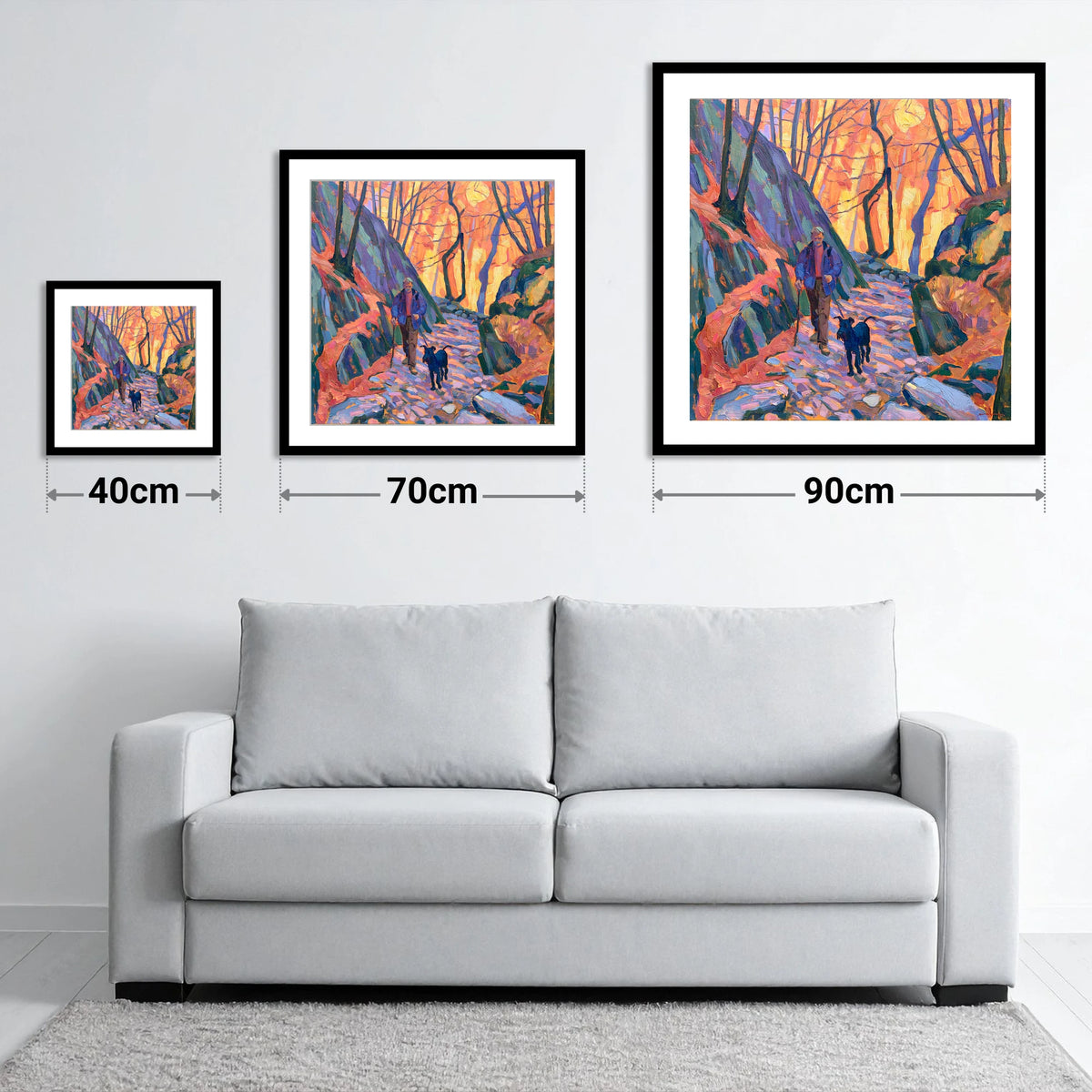 Vibrant Aira Force Dog Walk - size guide showing 40cm, 70cm and 90cm art prints