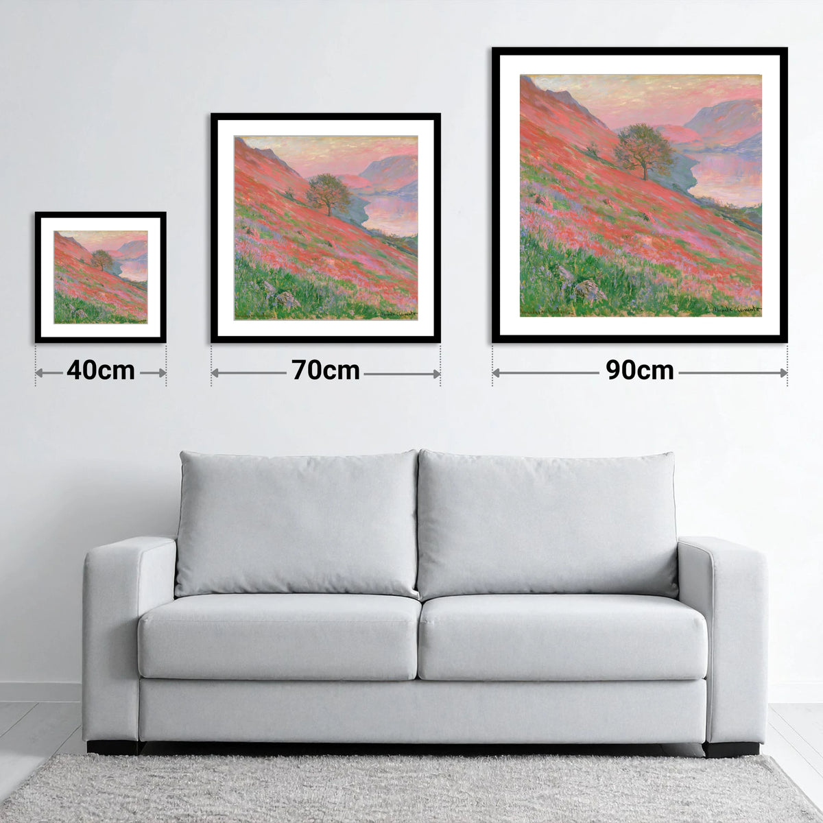 Sunset Pink Over Rannerdale Bluebells - size guide showing 40cm, 70cm and 90cm art prints