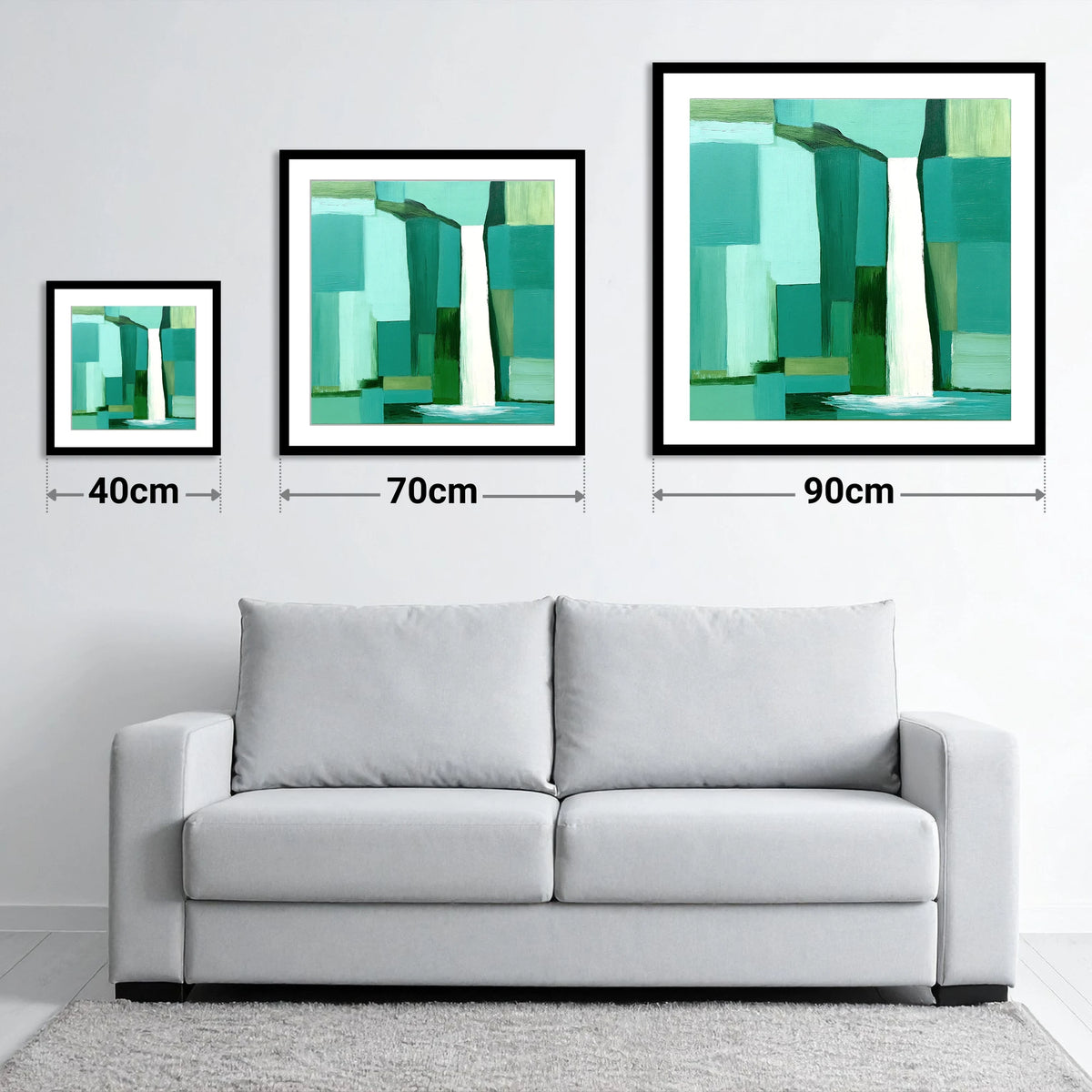 Scale Force Waterfall In Teal - size guide showing 40cm, 70cm and 90cm art prints