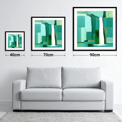 Scale Force Waterfall In Teal - size guide showing 40cm, 70cm and 90cm art prints