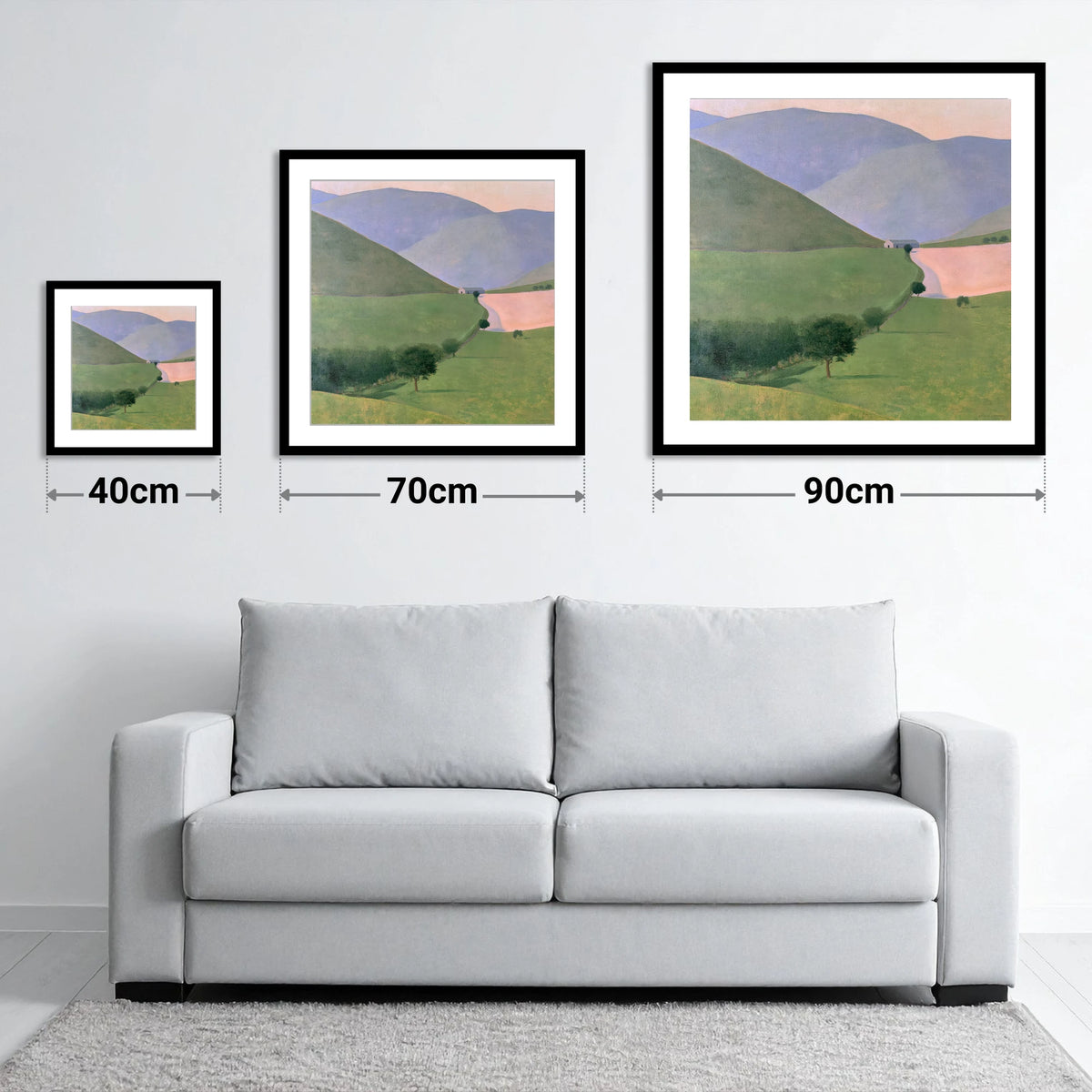 Lavender Fells Above Green Valley - size guide showing 40cm, 70cm and 90cm art prints