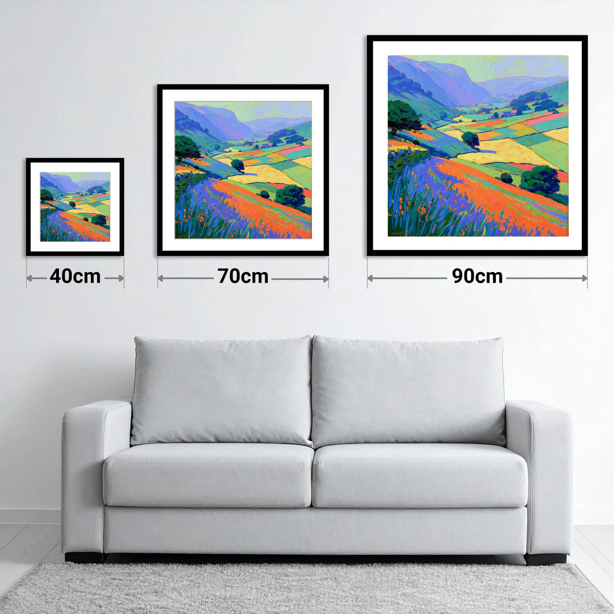 Colourful Patchwork Dale Fields - size guide showing 40cm, 70cm and 90cm art prints