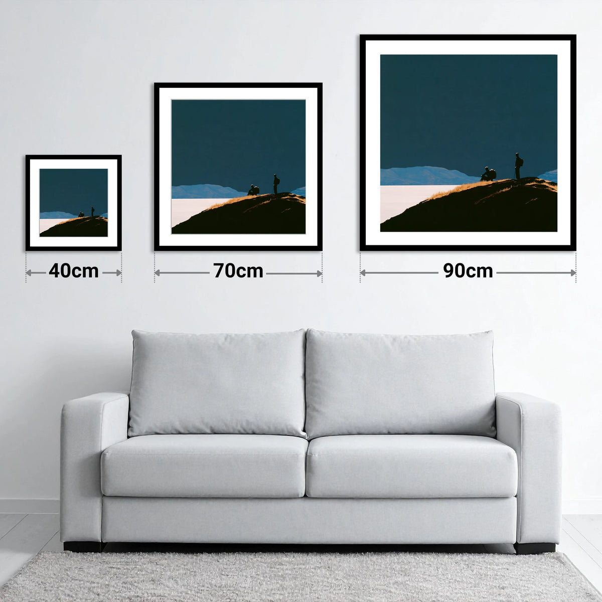 Silhouetted Walkers on Catbells - size guide showing 40cm, 70cm and 90cm art prints