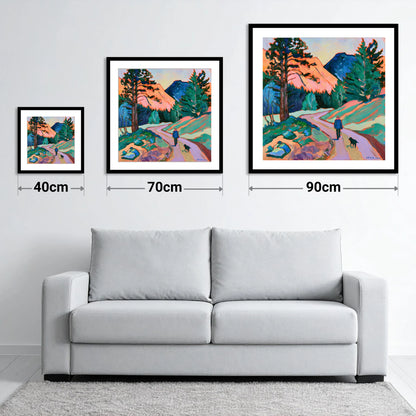 Vibrant Dog Walk at Threlkeld - size guide showing 40cm, 70cm and 90cm art prints