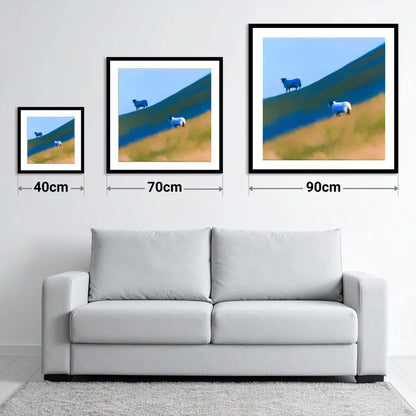 Herdwick Sheep on Blue Fellside - size guide showing 40cm, 70cm and 90cm art prints