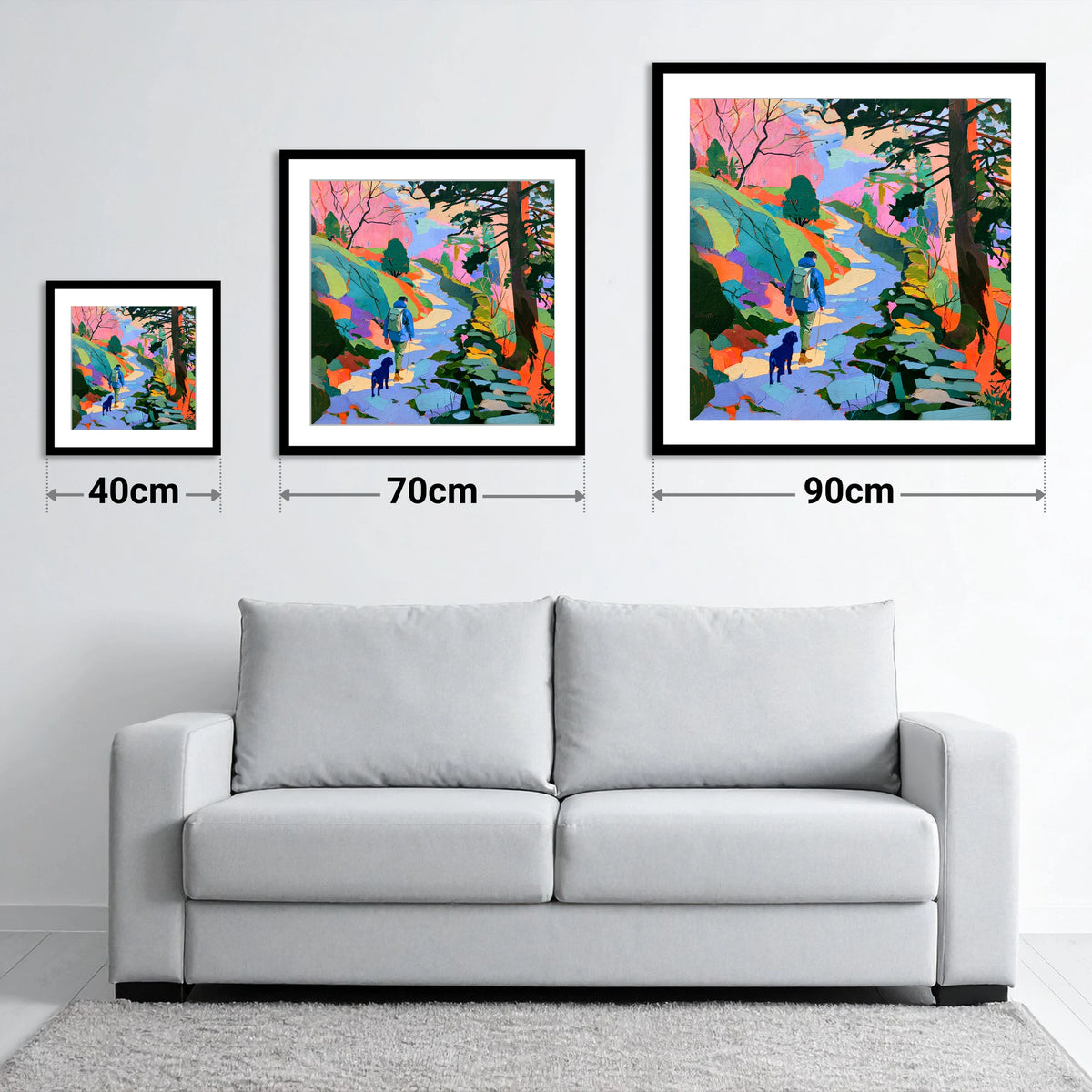 Colourful Hawkshead Dog Walk - size guide showing 40cm, 70cm and 90cm art prints