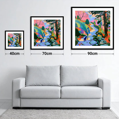 Colourful Hawkshead Dog Walk - size guide showing 40cm, 70cm and 90cm art prints