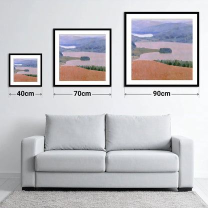 Grasmere Lake in Dusky Pink - size guide showing 40cm, 70cm and 90cm art prints