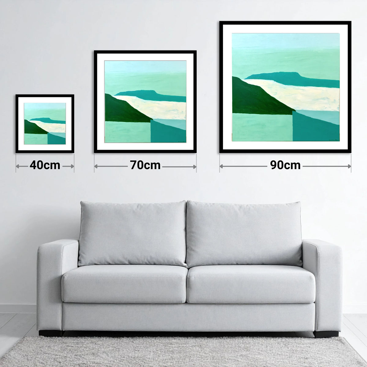 Modern Helvellyn Cloud Inversion - size guide showing 40cm, 70cm and 90cm art prints