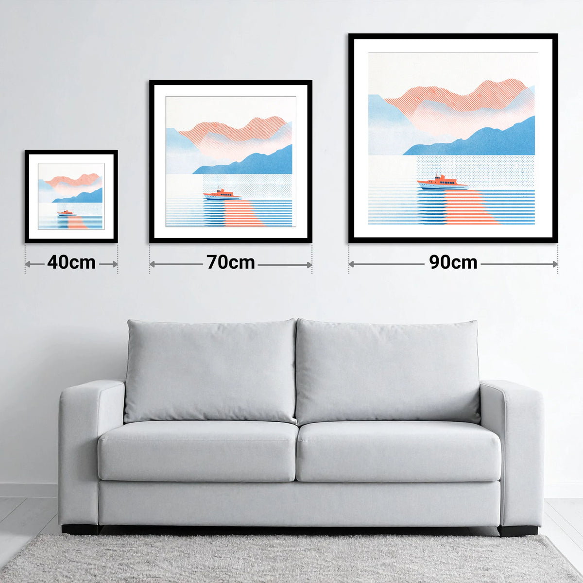 Graphic Windermere Lake Cruiser - size guide showing 40cm, 70cm and 90cm art prints