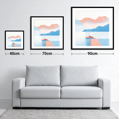 Graphic Windermere Lake Cruiser - size guide showing 40cm, 70cm and 90cm art prints