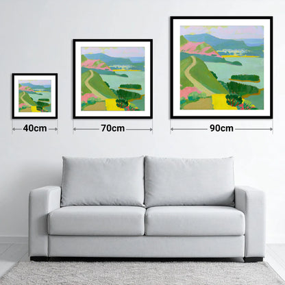 Colourful Cat Bells Above Derwentwater - size guide showing 40cm, 70cm and 90cm art prints