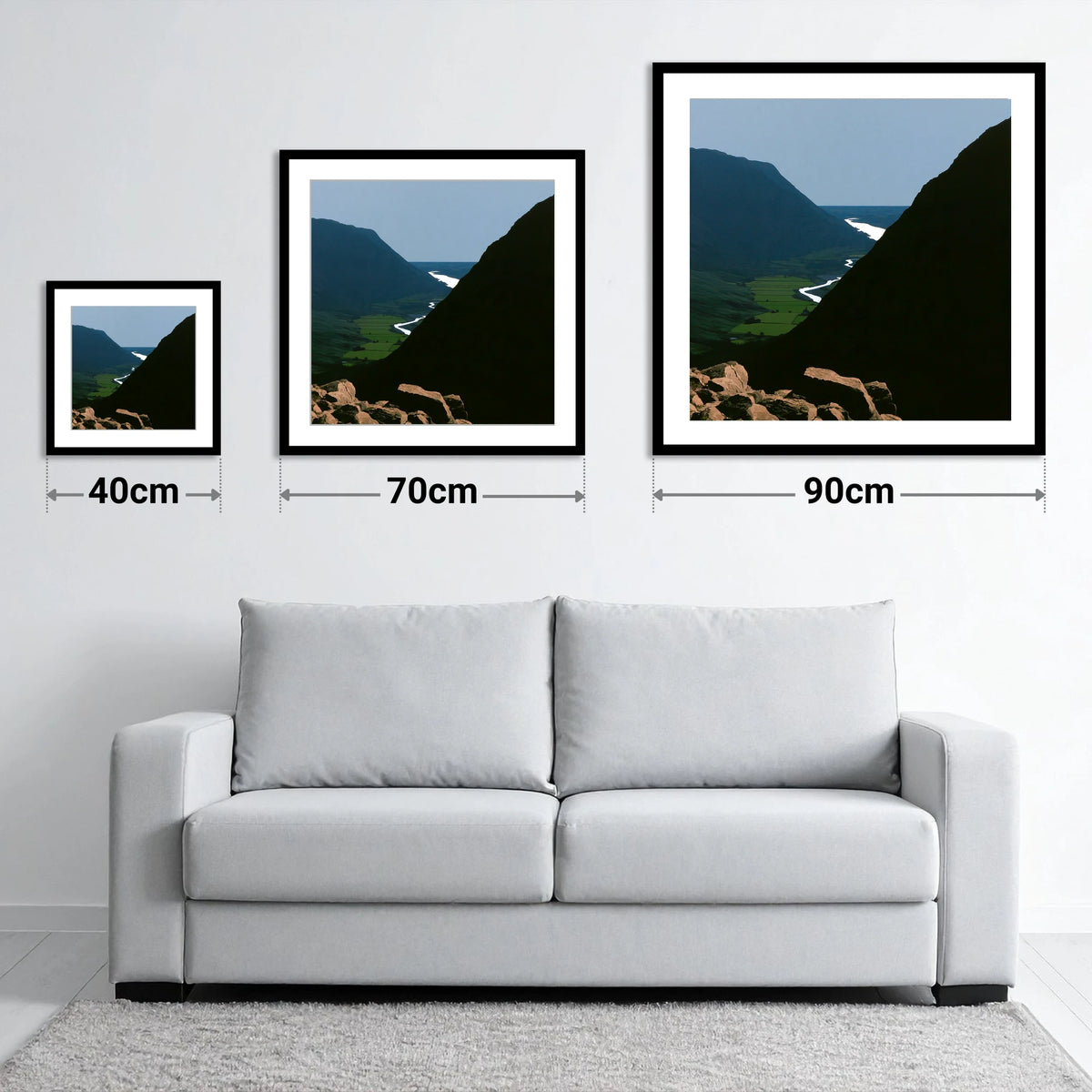 Steep Valley from Great Gable - size guide showing 40cm, 70cm and 90cm art prints