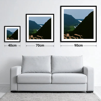 Steep Valley from Great Gable - size guide showing 40cm, 70cm and 90cm art prints