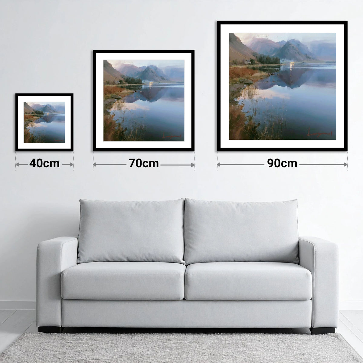 Loweswater Lake in Misty Light - size guide showing 40cm, 70cm and 90cm art prints
