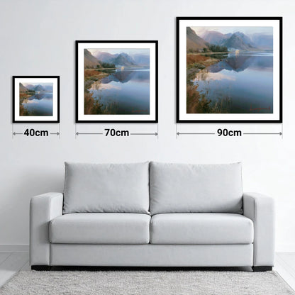 Loweswater Lake in Misty Light - size guide showing 40cm, 70cm and 90cm art prints