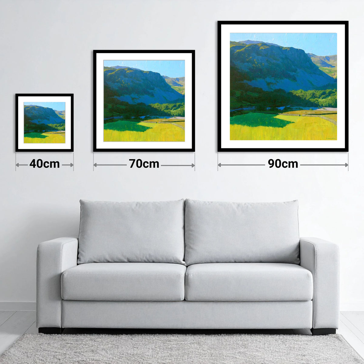 Arnison Crag Over Sunlit Fields - size guide showing 40cm, 70cm and 90cm art prints