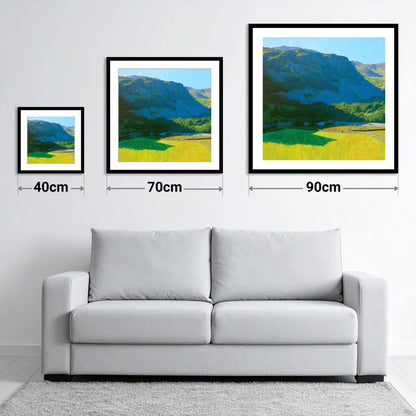 Arnison Crag Over Sunlit Fields - size guide showing 40cm, 70cm and 90cm art prints